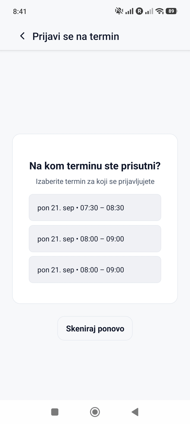 Check-in sistem za teretanu — izbor termina posle skeniranja QR koda