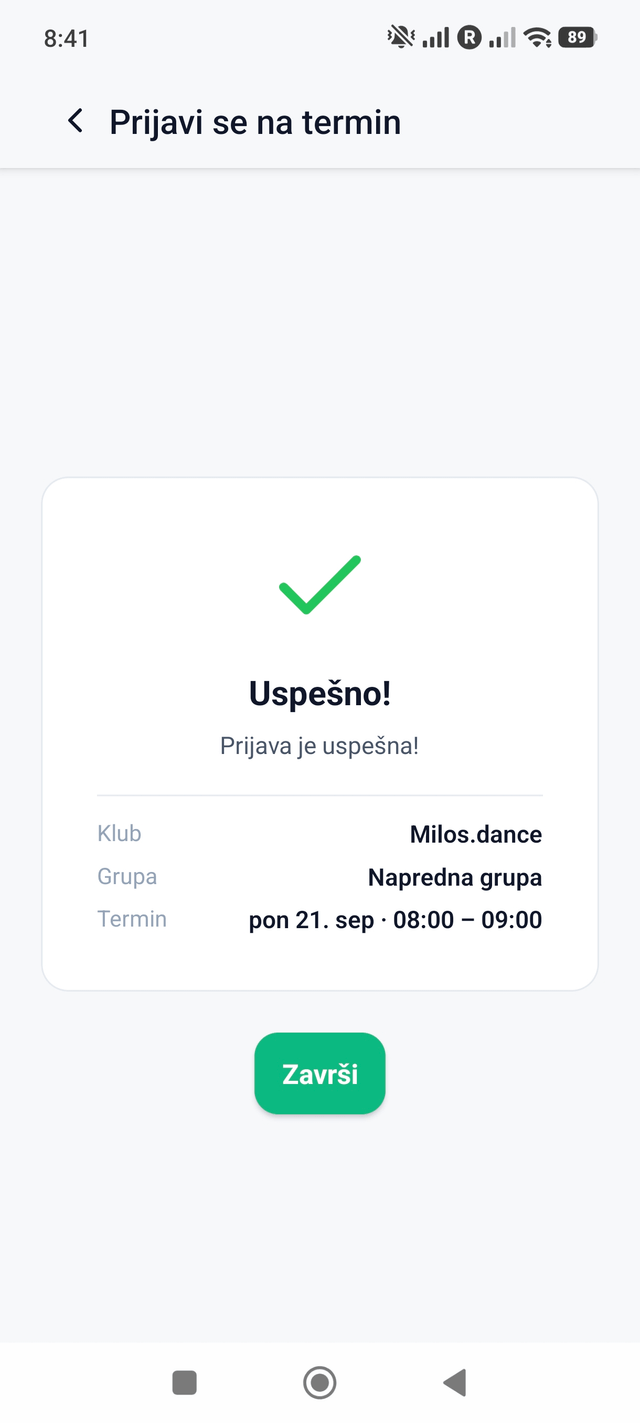 Potvrda uspešne prijave na termin posle skeniranja QR koda