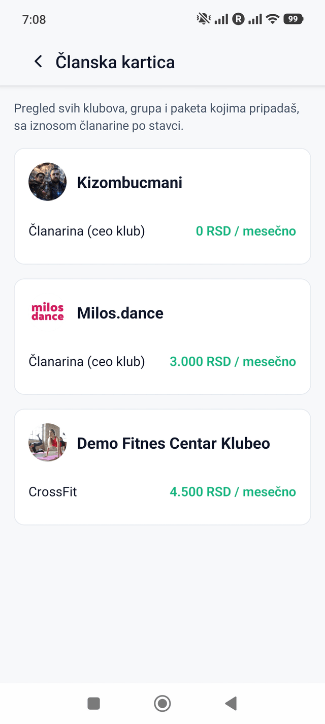 Članska kartica u mobilnoj aplikaciji za sportski klub