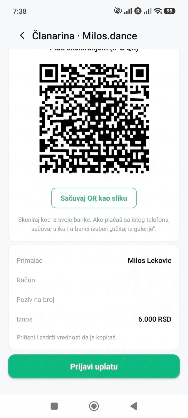 Plaćanje članarine preko IPS QR koda umesto plaćanja karticom u aplikaciji