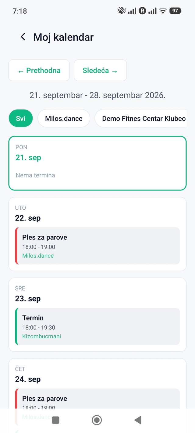 Raspored treninga u kalendaru člana kluba na telefonu