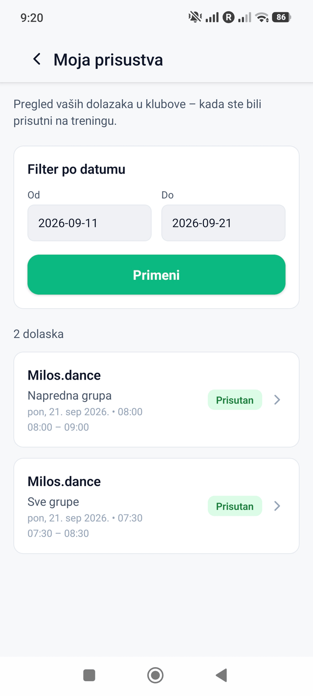 Moja prisustva — istorija dolazaka člana na treninge