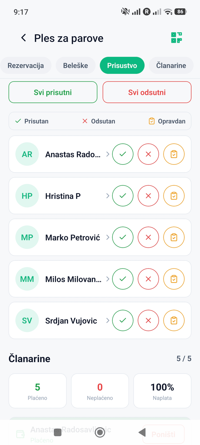 Ručno čekiranje prisustva na treningu sa oznakama prisutan, odsutan i opravdano