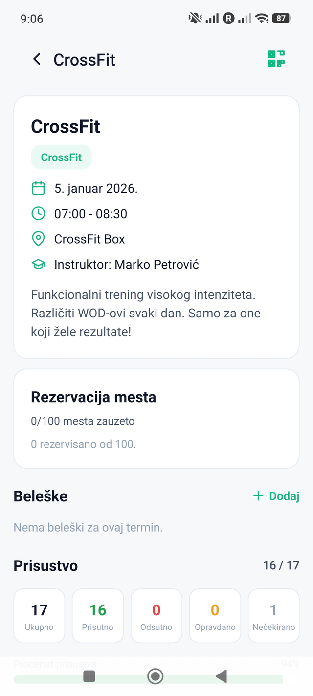 Detalj termina — rezervacija mesta, brojači prisustva i procenat prisustva
